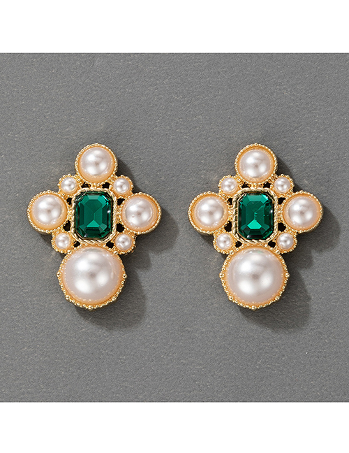 Fashion Gold Alloy Set Square Diamond Pearl Stud Earrings