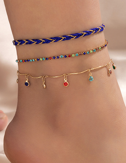 Fashion Gold Alloy Colored Diamond Tassel Claw Chain Cord Braided Anklet Set