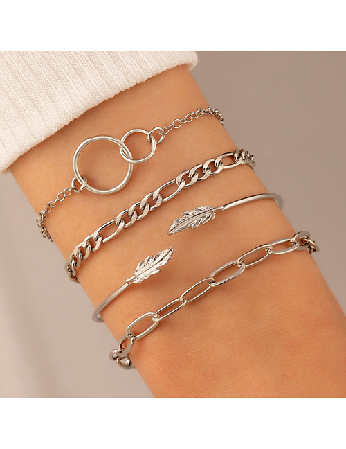 Fashion Silver Alloy Ring Feather Chain Bracelet Set