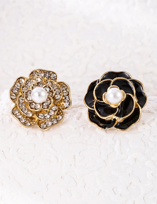 Fashion Gold Alloy Diamond Set Pearl Camellia Asymmetric Stud Earrings