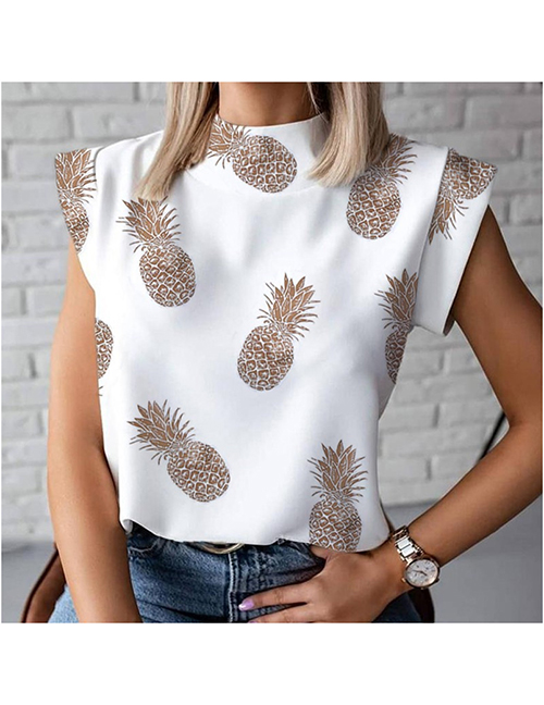 Fashion Pineapple Solid Print Stand Collar Sleeveless Top