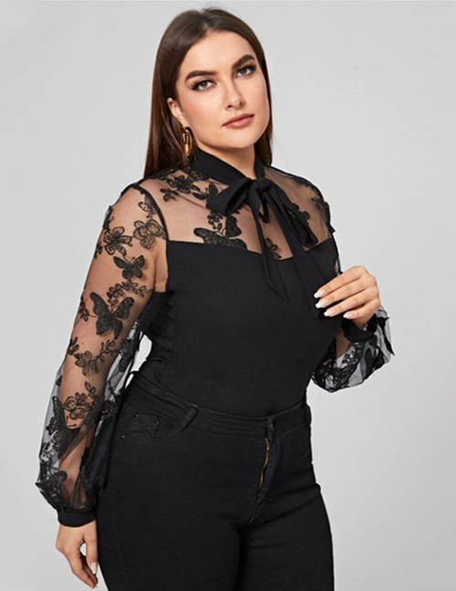 Fashion Black Mesh-paneled Embroidered Lace-up Shirt