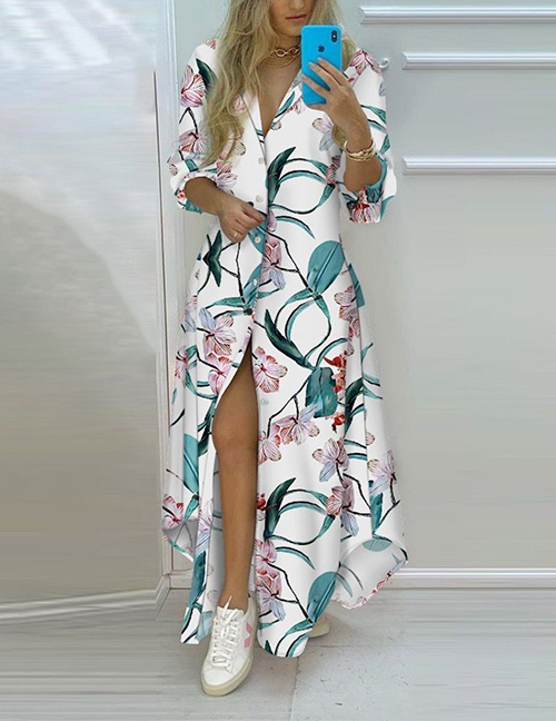 Fashion Pink Green Flowers Single-breasted Printed Long-sleeve Dress