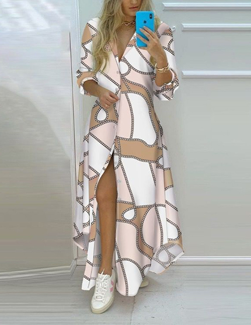 Fashion Chain Print Single-breasted Printed Long-sleeve Dress