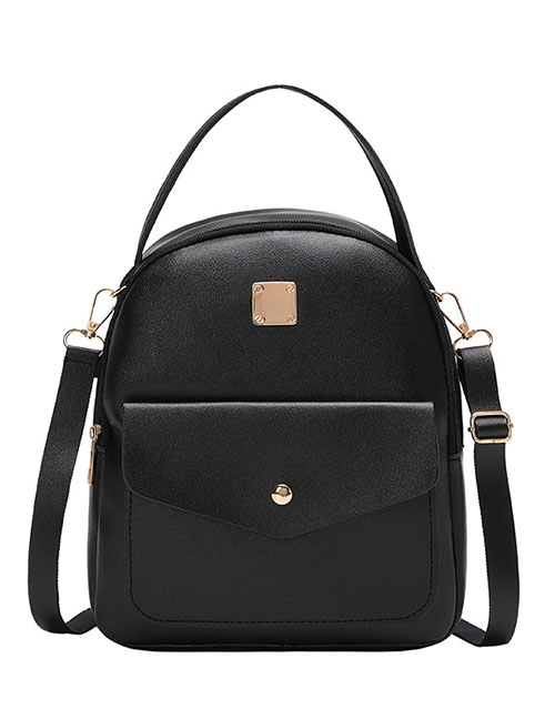 Fashion Black Plain Weave Pu Multi-pocket Large Capacity Backpack