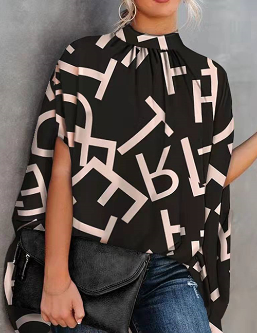 Fashion Black Letters Polyester Print Doll Sleeve Top