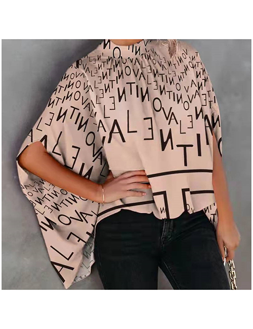 Fashion Khaki Alphabet Polyester Print Doll Sleeve Top