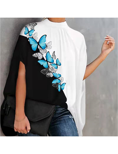 Fashion Black And White Butterfly Polyester Print Doll Sleeve Top