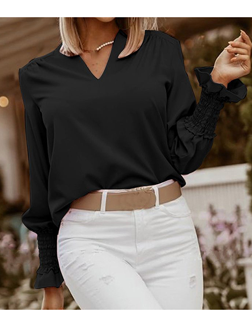 Fashion Black Solid Color V-neck Long Sleeve Shirt