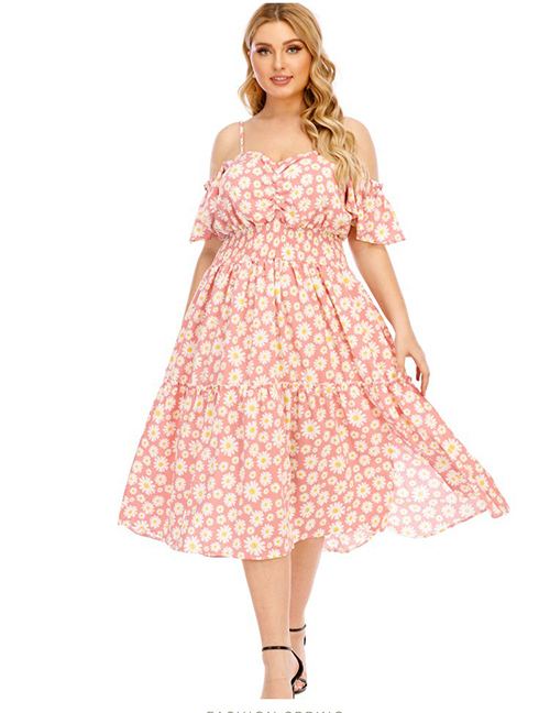 Fashion Pink Geometric Print One-shoulder Dress