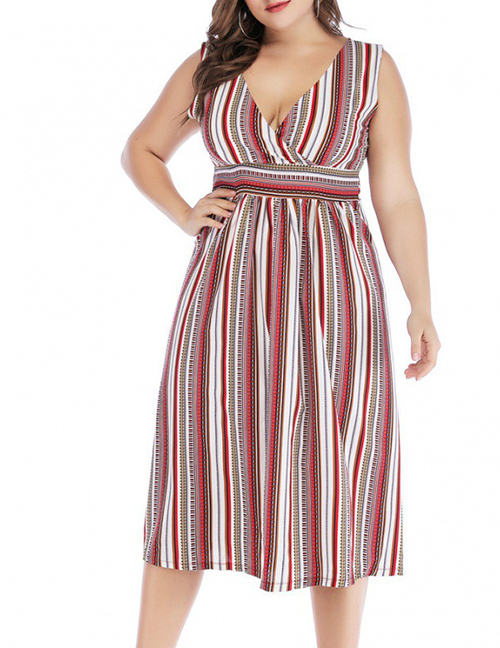 Fashion Red Geometric Stripe V-neck Sleeveless Dress
