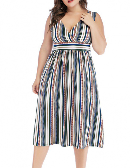 Fashion Blue Geometric Stripe V-neck Sleeveless Dress