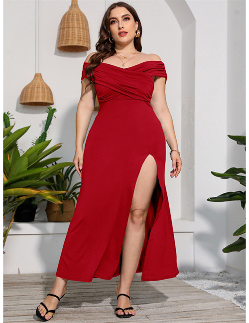 Fashion Red Solid Color Split One Shoulder Dress