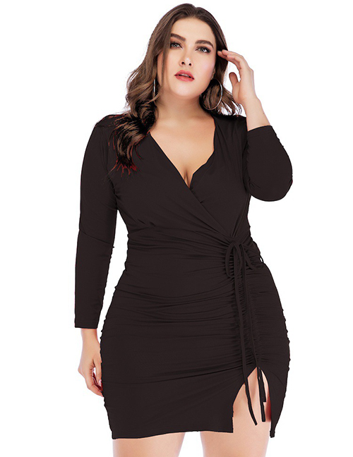 Fashion Black Solid Color V-neck Long Sleeve Drawstring Slit Dress