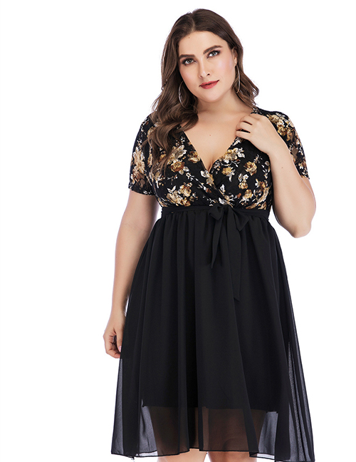 Fashion Black Rose-print Chiffon Panel V-neck Dress