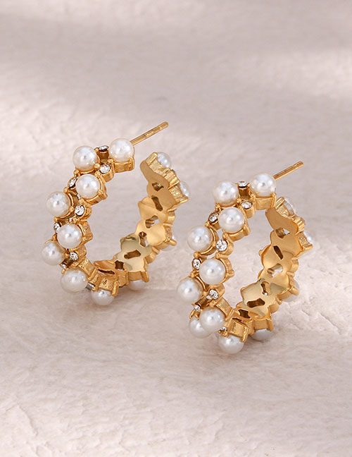 Fashion Gold Color Stainless Steel Gold Plated Diamond And Pearl Earrings