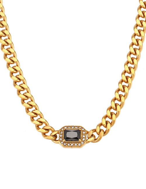 Fashion Necklace - Black Stainless Steel Set Square Zirconium Cuban Chain Necklace