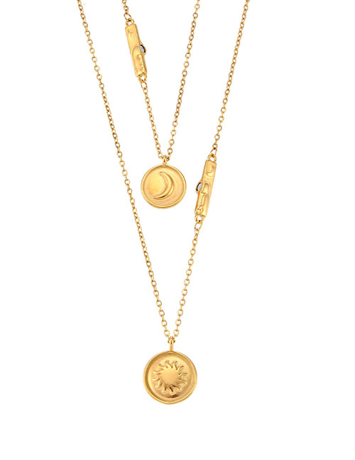 Fashion Gold Color Stainless Steel Sun Moon Round Plate Double Layer Necklace