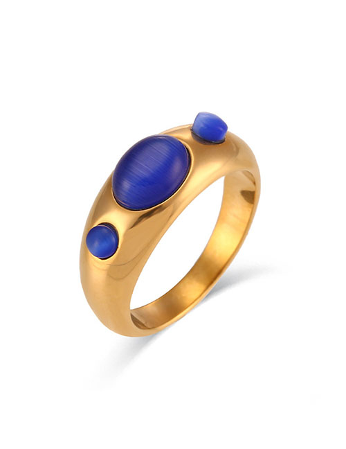 Fashion Royal Blue Opal Stainless Steel Cat Eye Geometric Ring
