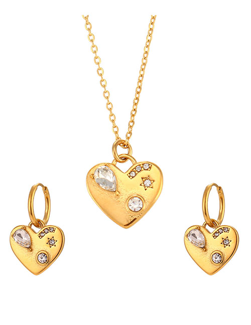 Fashion Gold Titanium Steel Set With Zirconium Heart Earring Necklace Set