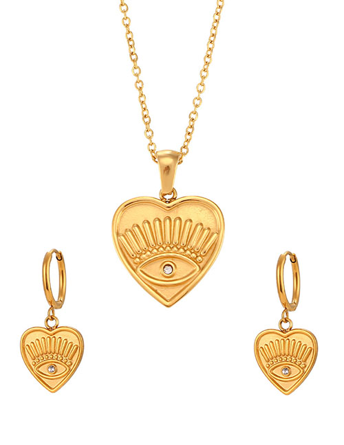 Fashion Gold Titanium Diamond Eye Heart Earring Necklace Set