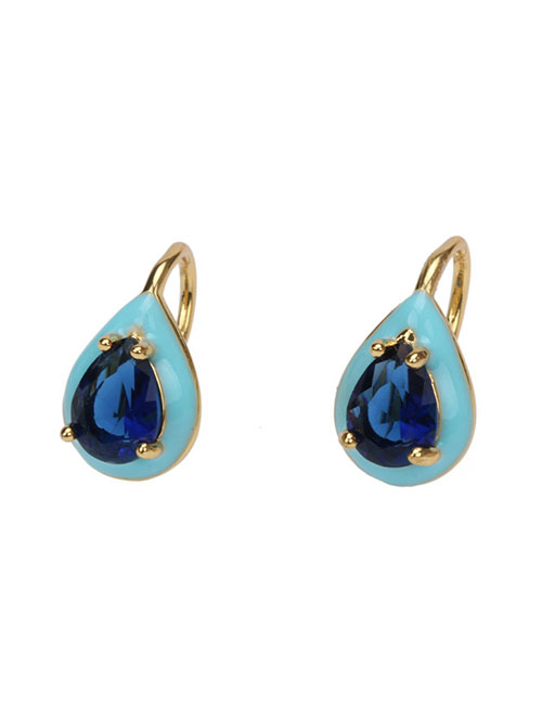 Fashion Blue Water Drop Gold Plated Copper Drop Earrings With Diamonds