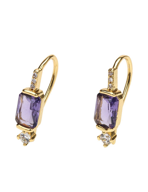 Fashion Purple Diamond Brass Gold Plated Earrings With Square Diamonds