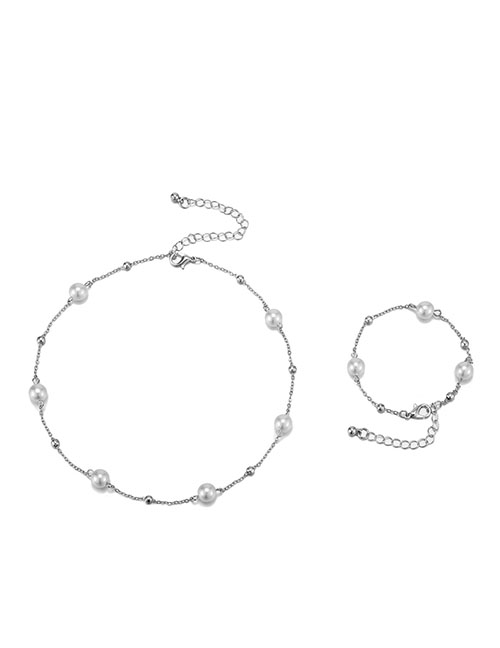 Fashion One Chain + Bracelet White K3450 Alloy Geometric Pearl Chain Bracelet Necklace Set