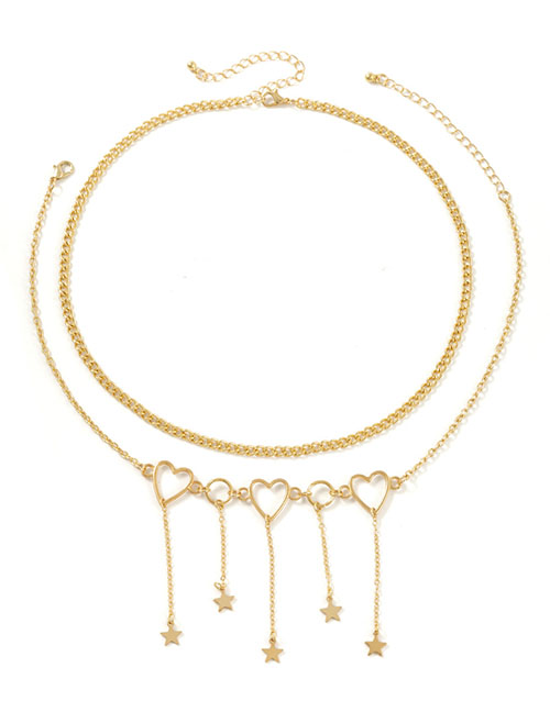 Fashion Gold Alloy Pentagram Tassel Love Double Layer Necklace