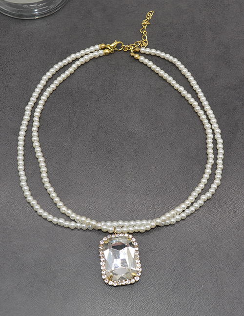 Fashion White Pearl Beaded Square Diamond Double Necklace