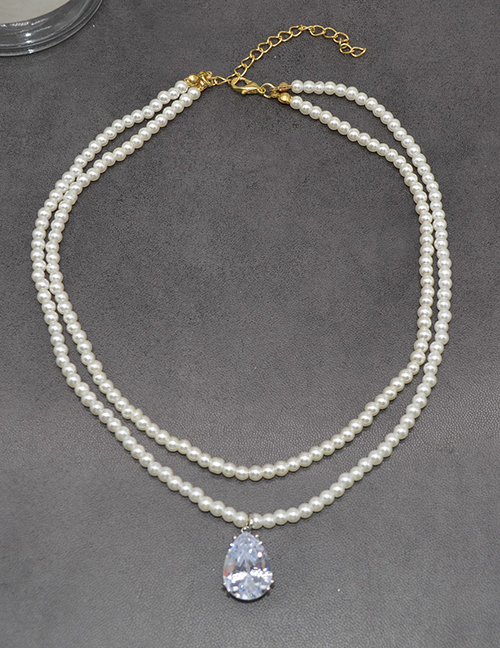 Fashion White Pearl Beaded Drop Diamond Double Necklace