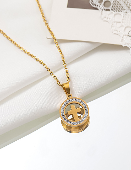 Fashion Golden Cross Titanium Steel Set With Zirconium Cross Round Necklace