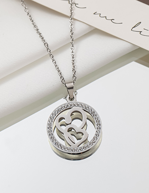 Fashion Steel Color Vertical - Heart To Heart Titanium Steel Set Zirconium Heart To Heart Round Necklace