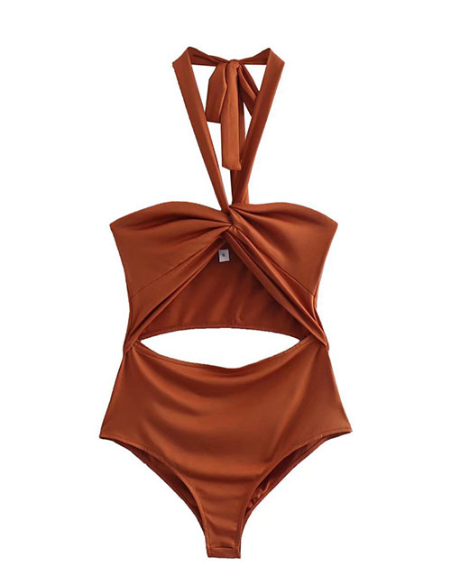 Fashion Caramel Cutout Halterneck Swimsuit