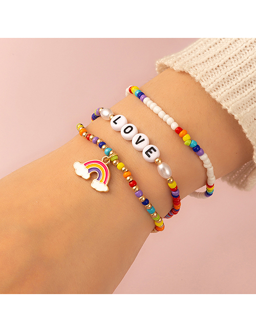 Fashion Suit Rice Beads Alphabet Beads Beads Drop Oil Rainbow Bracelet Set  Plastic%2fresin