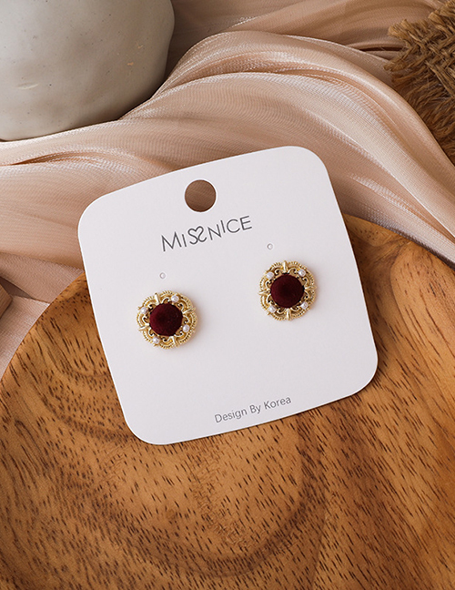 Fashion Red Button Pearl Velvet Round Earrings