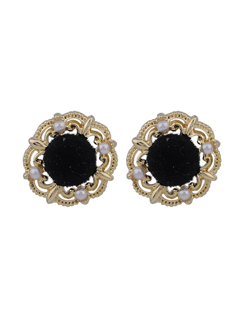 Fashion Black Button Pearl Velvet Round Earrings
