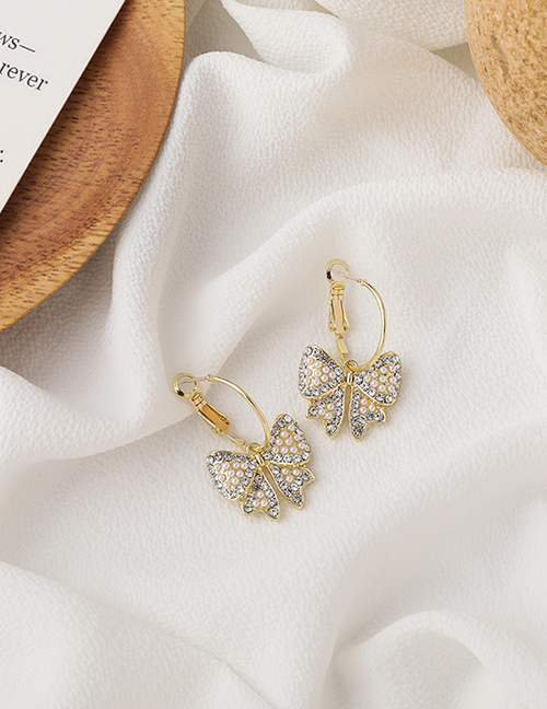 Fashion Golden Full Rhinestone Pearl Bow Rhinestone Butterfly Earrings