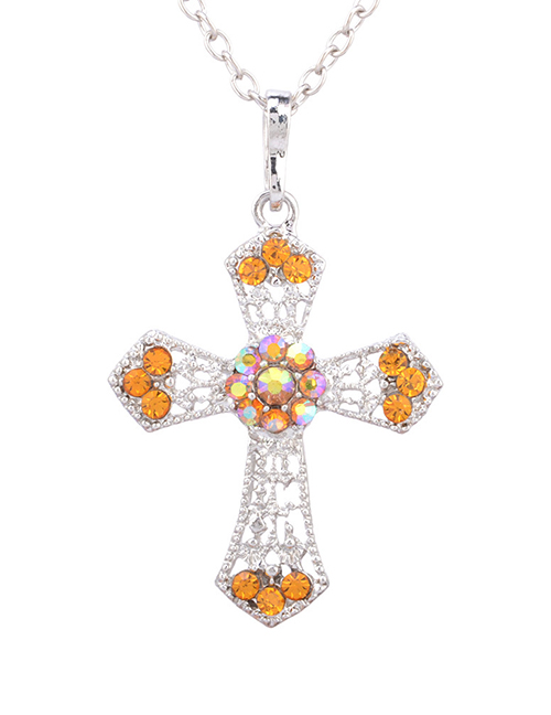 Fashion Orange Rhinestones Square Zircon Cross Necklace