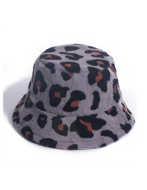 Fashion Gray Leopard Print Rabbit Fur Fisherman Hat