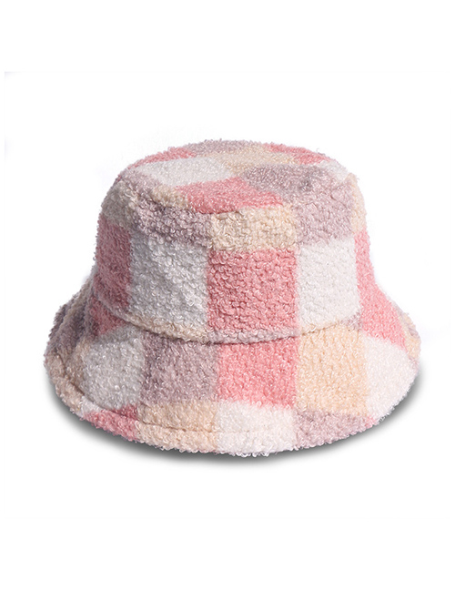 Fashion Pink Lamb Velvet Check Warm Plush Fisherman Hat