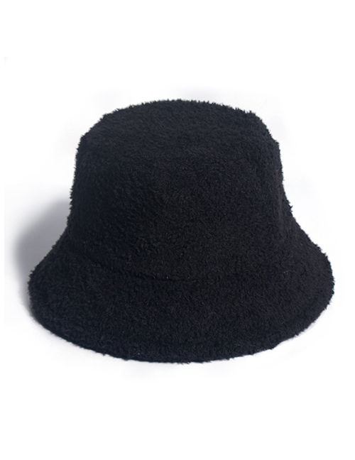 Fashion Black Lamb Wool Solid Color Warm Plush Fisherman Hat