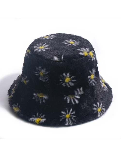 Fashion Black Little Daisy Print Plush Warm Rabbit Fur Fisherman Hat