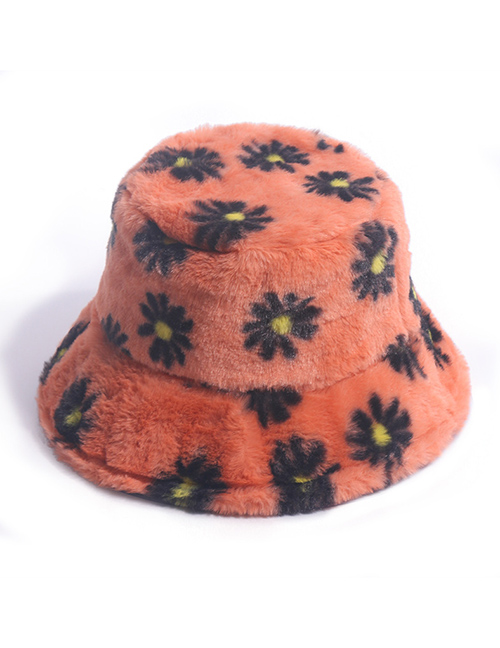Fashion Orange Little Daisy Print Plush Warm Rabbit Fur Fisherman Hat