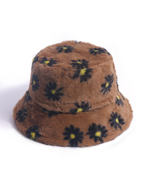 Fashion Brown Little Daisy Print Plush Warm Rabbit Fur Fisherman Hat