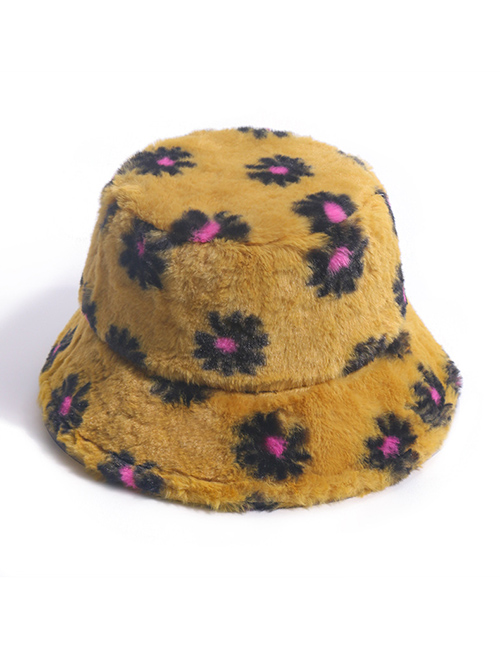 Fashion Golden Little Daisy Print Plush Warm Rabbit Fur Fisherman Hat