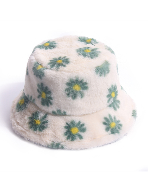 Fashion Rice + Green Little Daisy Print Plush Warm Rabbit Fur Fisherman Hat