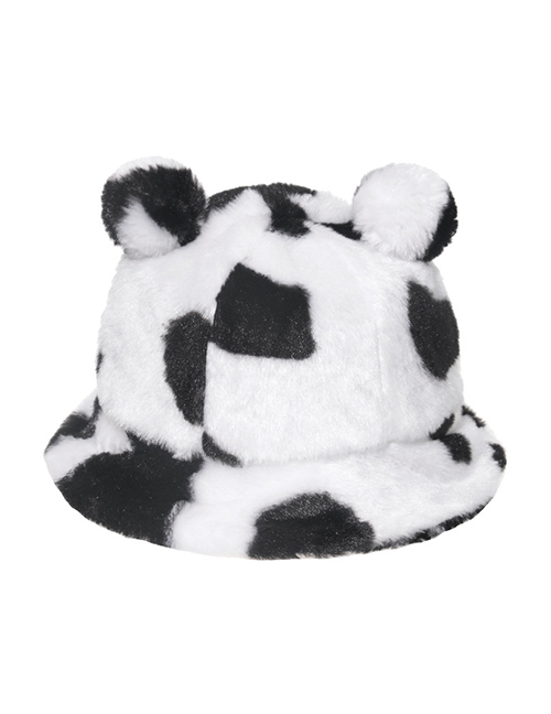 Fashion Black And White Cow Pattern Leopard Print Bear Ear Ball Plush Fisherman Hat