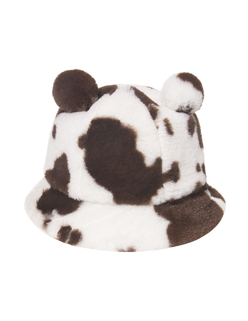 Fashion White Brown Cow Pattern Leopard Print Bear Ear Ball Plush Fisherman Hat