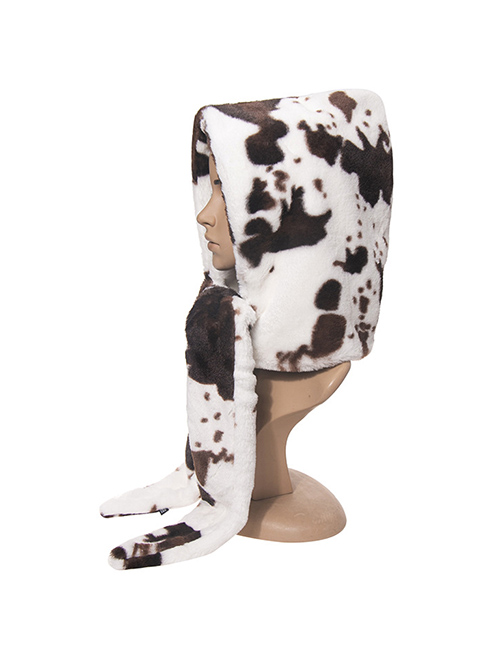 Fashion Black Brown Cow Pattern Animal Print Plush Ear Protection Scarf One-piece Cap